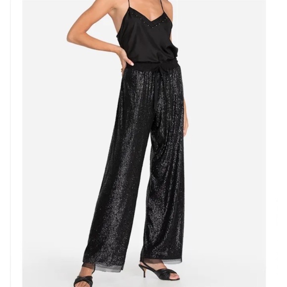 NWOT JOHNNY Was Black Grace Sequin Elastic Drawstring Waist Long Cocktail Pants - Picture 4 of 13